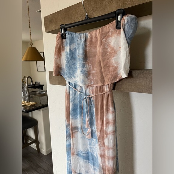 Aakaa|Strapless Blush Pink & Blue Tie Dye Maxi Dress with Deep Slit, Size M••• - Picture 9 of 16